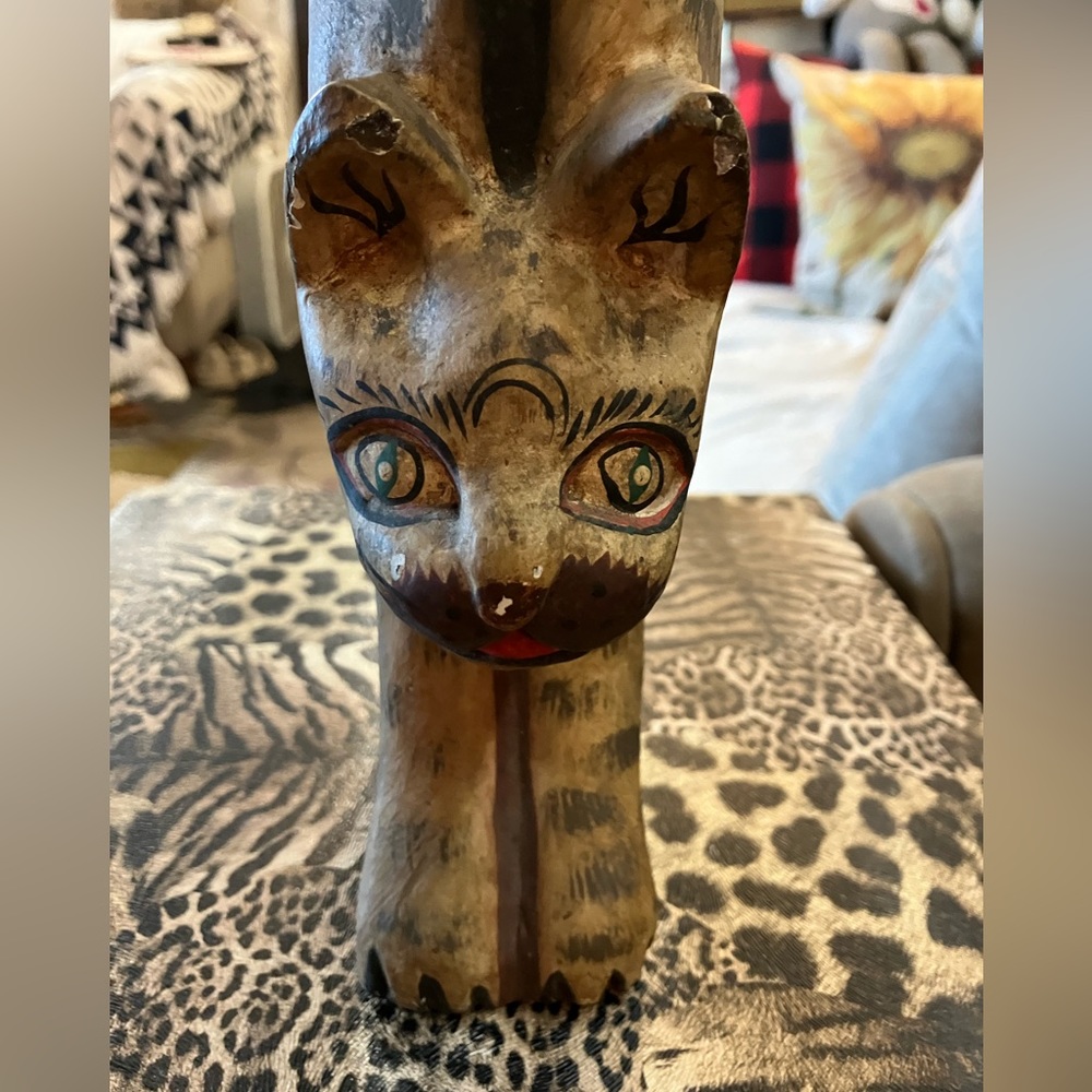 Vintage Folk Art Whimsical Hand Carved  Wood Cat